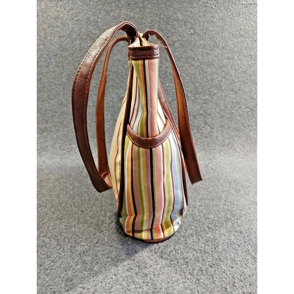 Longaberger Tote Bag Multicolor Stiped Brown Leather Handles and Bottom Pockets